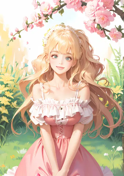 Lolita, off-the-shoulder, pink dress flowers, smile, blonde hair, fluttering hair, natural light, perfect figure, delicate facia...