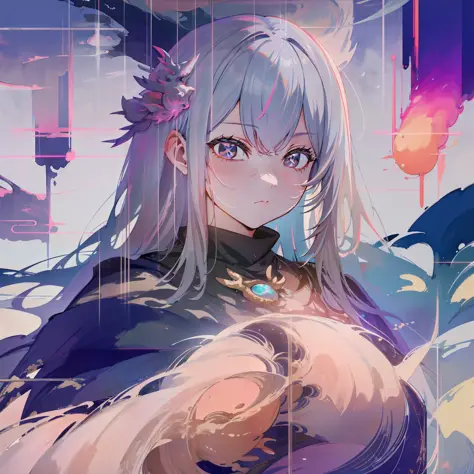 One girl, personification of the dragon god, beautiful shrine, super realistic, gray hair, black eyes, girl, high detail, smog, abstract animation, overwhelming beauty, high quality, watercolor, hand drawn illustration, highly detailed perfect composition,...