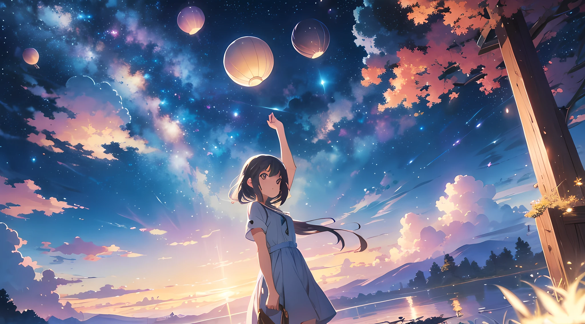 (Best quality),(masterpiece),(ultra detailed),(high detailed),(extremely detailed),Subject: Anime Sky Dreamscapes
Medium: Digital illustration or traditional painting.
Resolution: 4000x2000 pixels.
Color Palette: Soft pastel colors with a mix of vibrant hues.
Mood: Magical, ethereal, and serene.
Composition: Expansive skies with floating islands, whimsical clouds, and other dreamlike elements.
Lighting: Soft, diffused lighting with a warm, golden glow.
Style: Anime-inspired with a touch of fantasy and surrealism.
Details: Include elements such as shooting stars, colorful nebulae, fluffy clouds, and mystical creatures.
Inspiration: Anime fantasy worlds, Studio Ghibli films, surreal art, and celestial imagery.
Camera Setup: None (since it's a digital illustration).
Additional Notes: Emphasize the vastness and beauty of the sky by creating a sense of depth and space. Experiment with various cloud formations and shapes, ranging from fluffy cumulus clouds to wispy cirrus clouds. Incorporate celestial elements like moons, stars, and galaxies to enhance the dreamy atmosphere. Use soft brush strokes and blending techniques to create a seamless and ethereal look. Play with lighting effects, such as gentle rays of sunlight or glowing orbs, to add a magical touch. Consider adding whimsical creatures like flying dragons or floating jellyfish to bring a sense of wonder to the scene. Don't be afraid to let your imagination soar and create a dreamlike world that captures the essence of anime fantasy.