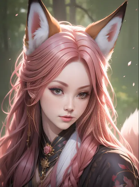 Fox, pink hair, antique,1gril,1fox