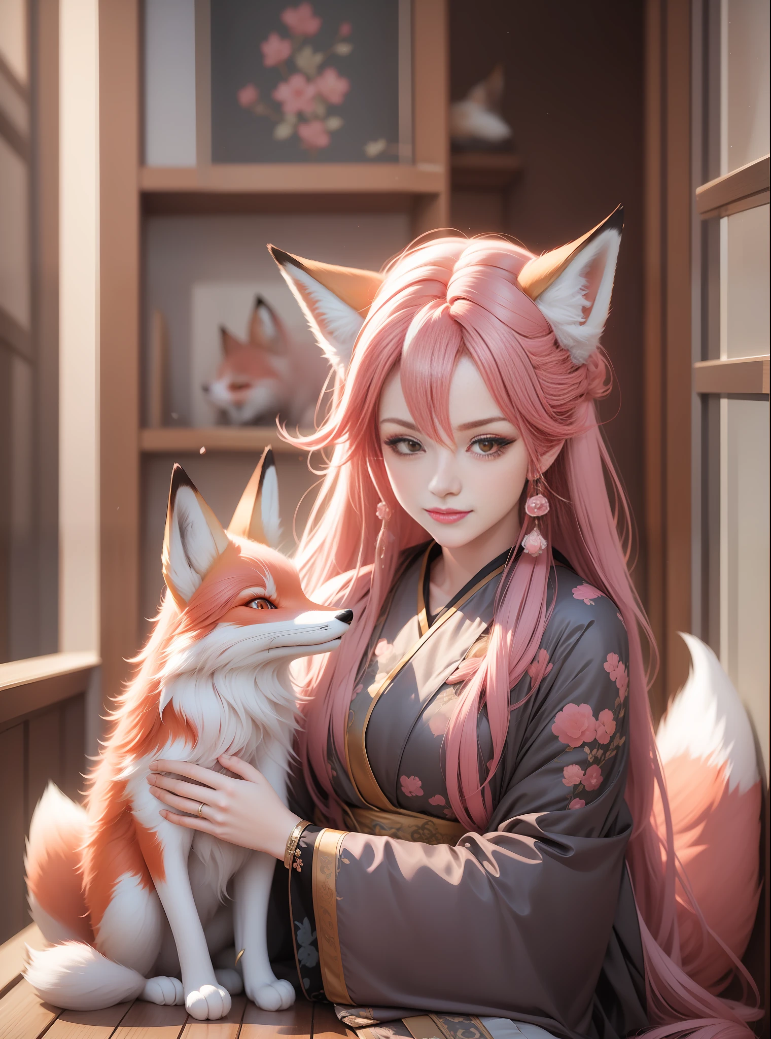 Fox, pink hair, antique,1gril,1fox