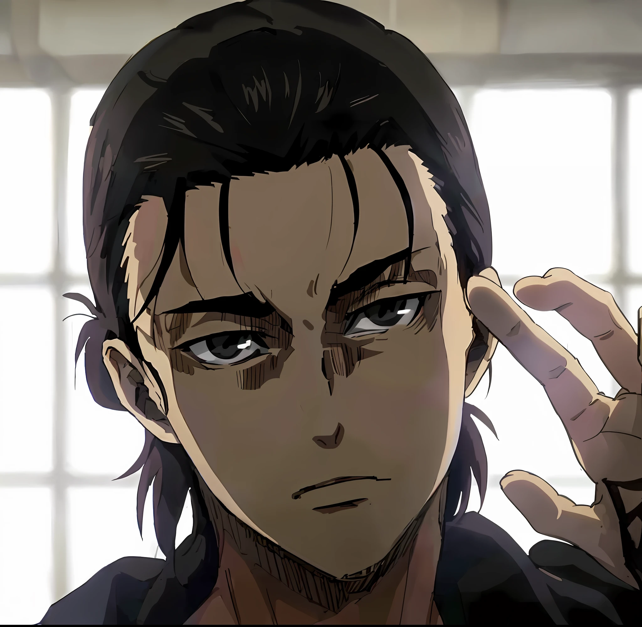 anime image of a man with long hair and a black shirt, levi ackerman, handsome guy in demon slayer art, (attack on titans anime), portrait of eren yeager, roguish smirk, tsurumaki kazuya, in attack on titan, eren yeager, shuushuu anime image, from attack on titan