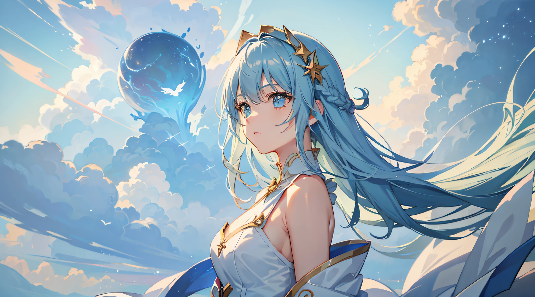 A woman with blue hair and a blue dress standing in front of a sky ...