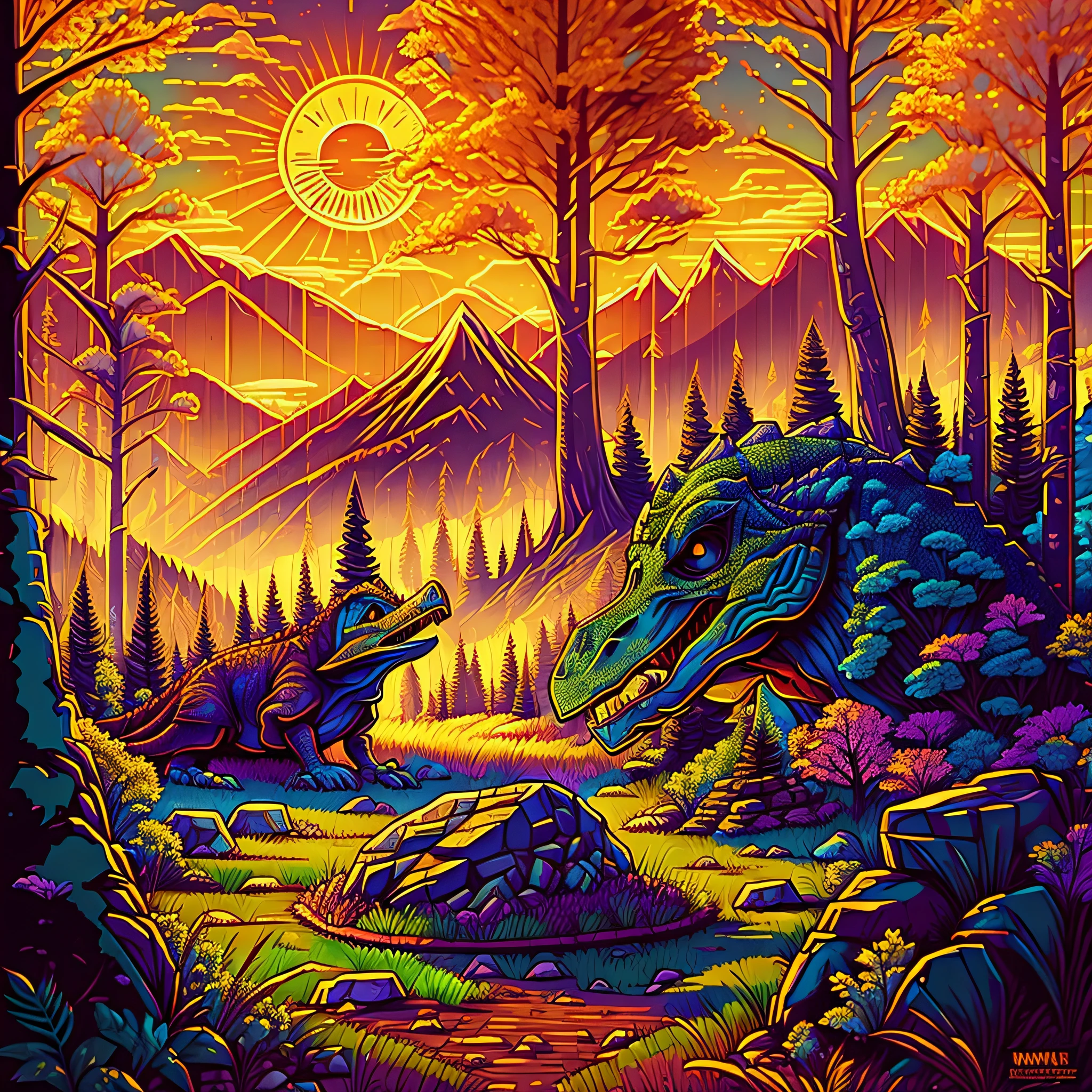 اثنين من الديناصورات في الغابة, مع الجبال والأشجار, الحجارة, العشب والشمس, الألوان الدافئة