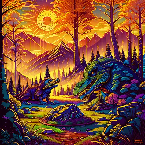 Two dinosaurs in the forest, with mountains and trees, stones, grass and sun, warm colors