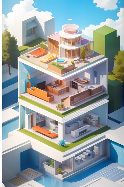 illustration of a modern house with a pool and a terrace, isometric 8k, isometric 3d render, isometric house, isometric illustration, incredible isometric screenshot, isometric illustration fun, isometric style, isometric invironment, isometric art, preren...