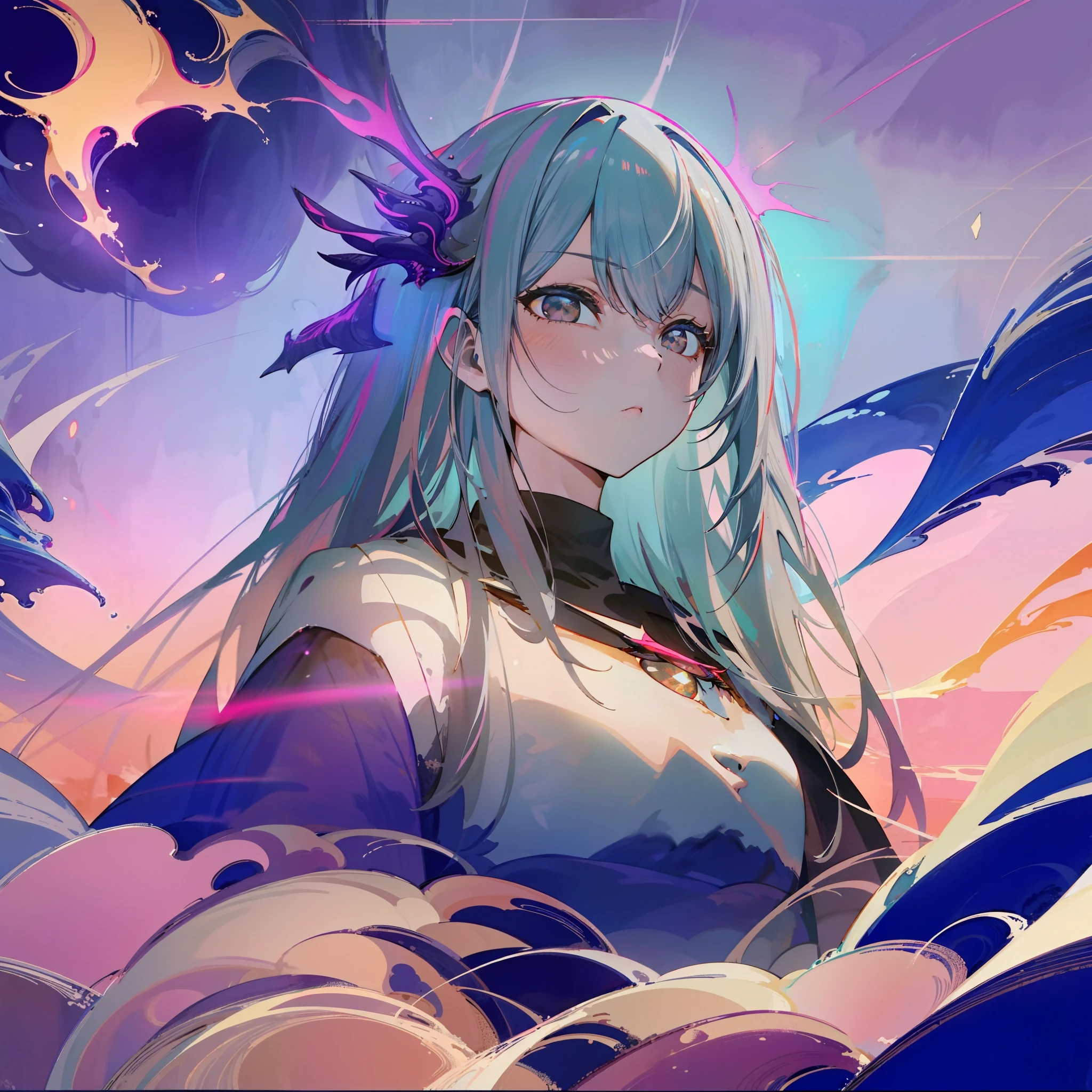 One girl, personification of the dragon god, beautiful shrine, super realistic, gray hair, black eyes, Ai Hoshino eye design, girl, high detail, smog, abstract animation, overwhelming beauty, high quality, watercolor, hand drawn illustration, highly detailed perfect composition, masterpiece, best perfect composition, highest quality, 4k, perfect anatomy.