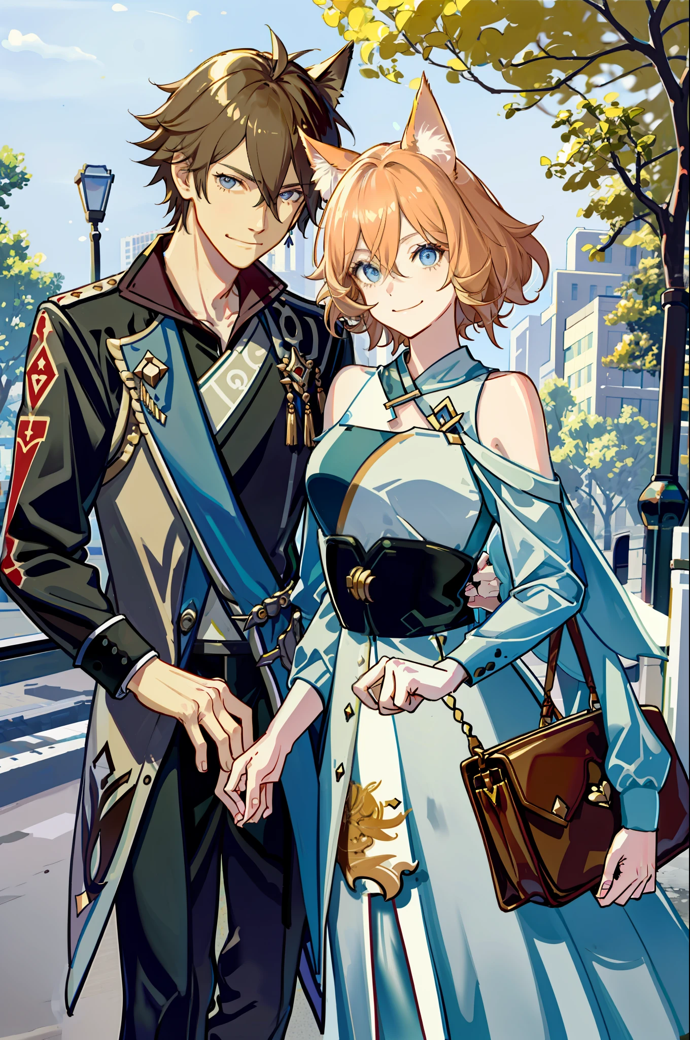 Masterpiece, Superb Product, 2 People, Couple, 1man with 1woman, mature, adult, height difference, different fashion, different skin tone, delicate eyes and delicate face, intricate details, modern urban street, smile, happy love, warmth, dog ears