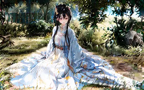A girl, ancient Chinese costume, sunshine, clear face, clean white background, masterpiece, super detail, epic composition, ultr...