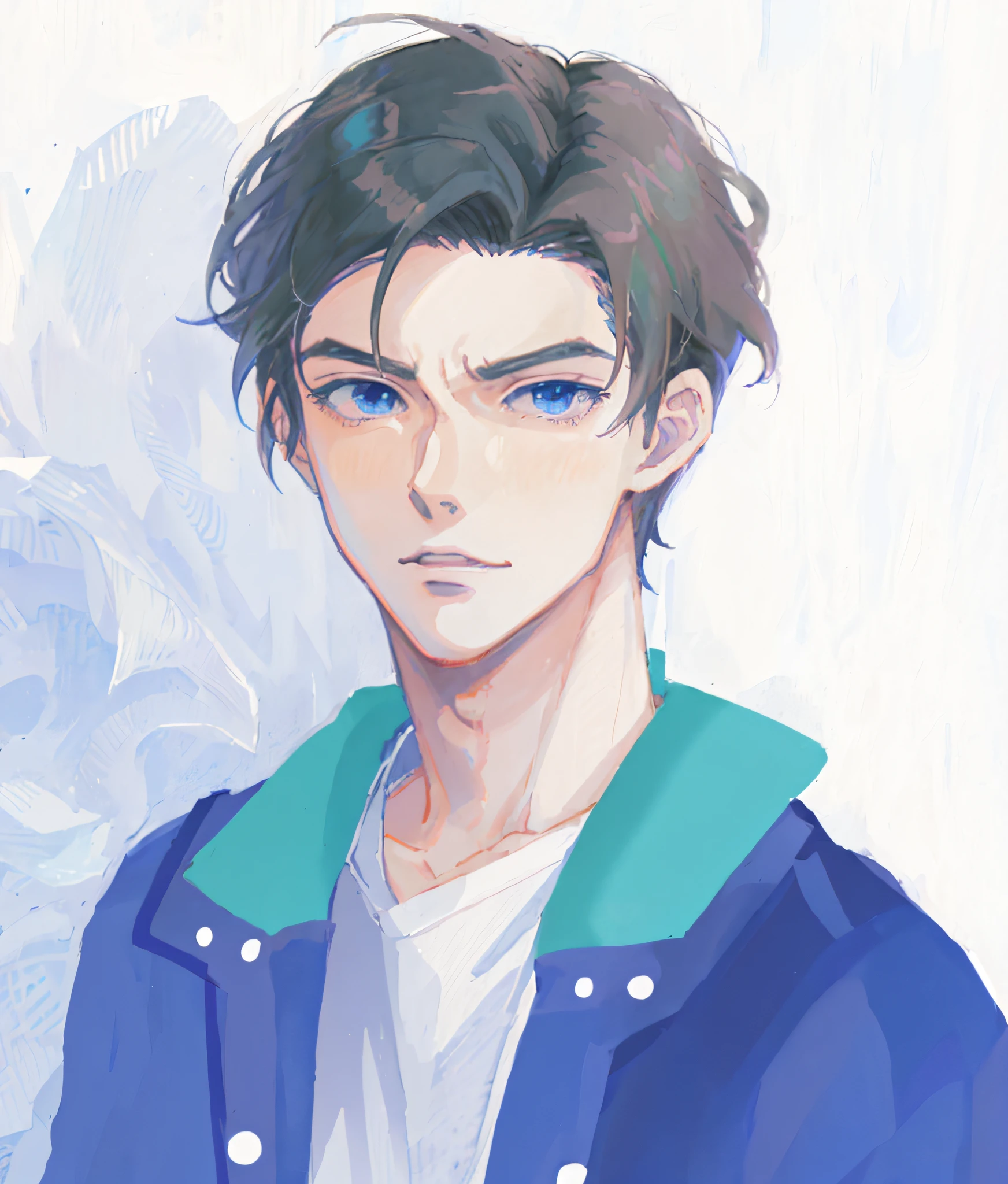 A close up of a person with a blue jacket and a white shirt - SeaArt AI