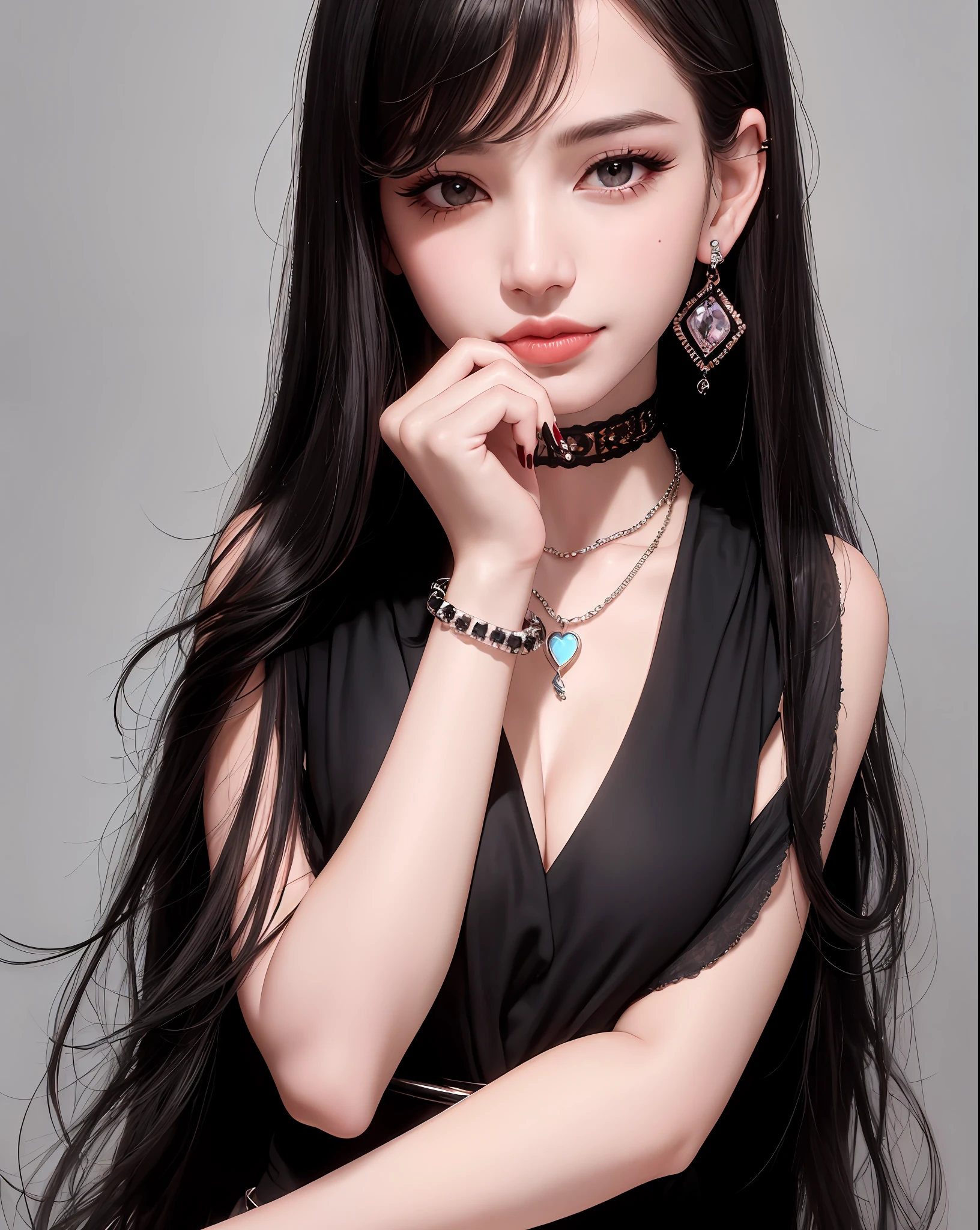 masterpiece,best quality,ultra-detailed,8K,detailed light,detailed shadow,RAW, (detailed skin),(realistic:1.2),
1girl,face,
pilyeon, black nails, jewelry, Long hair, looking at viewer, choker, necklace,piercing, white background, heart, closed mouth, grey eyes, nail polish, simple background, black hair, ear piercing, black choker, smile, eyelashes, lips, hand on own cheek, bangs, bracelet, beads, gem, earrings, fingernails