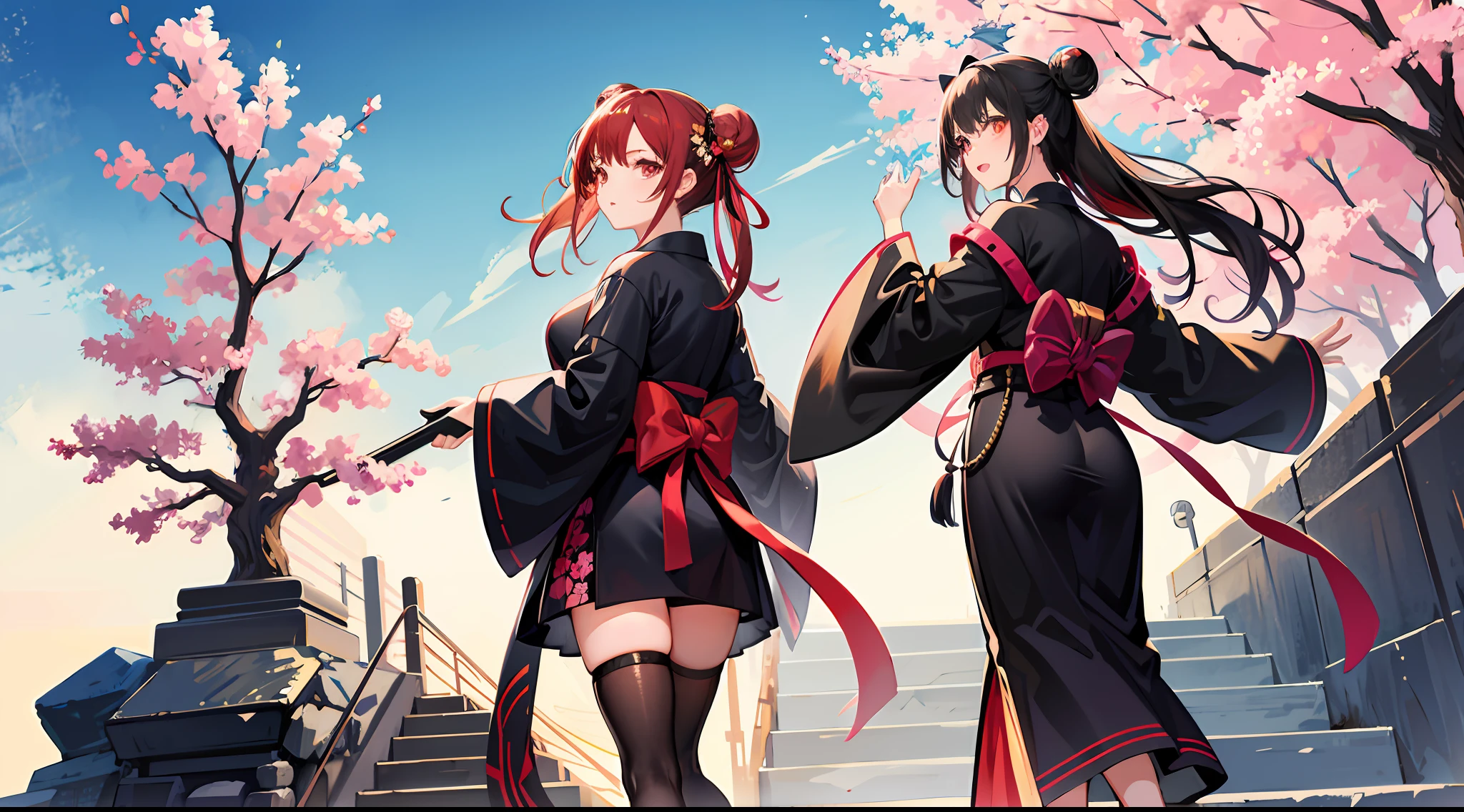 ((masterpiece,best quality)),2girls, black kimono, black legwear, black ribbon, black hair, cherry blossoms, day, flower, hair bun, hair ribbon, japanese clothes, kimono, long hair, looking at viewer, looking back, multiple girls, belt, outdoors, red eyes, red hair, ribbon, sandals, single bun, stairs, standing, statue, torii, tree, yellow eyes, witch costume