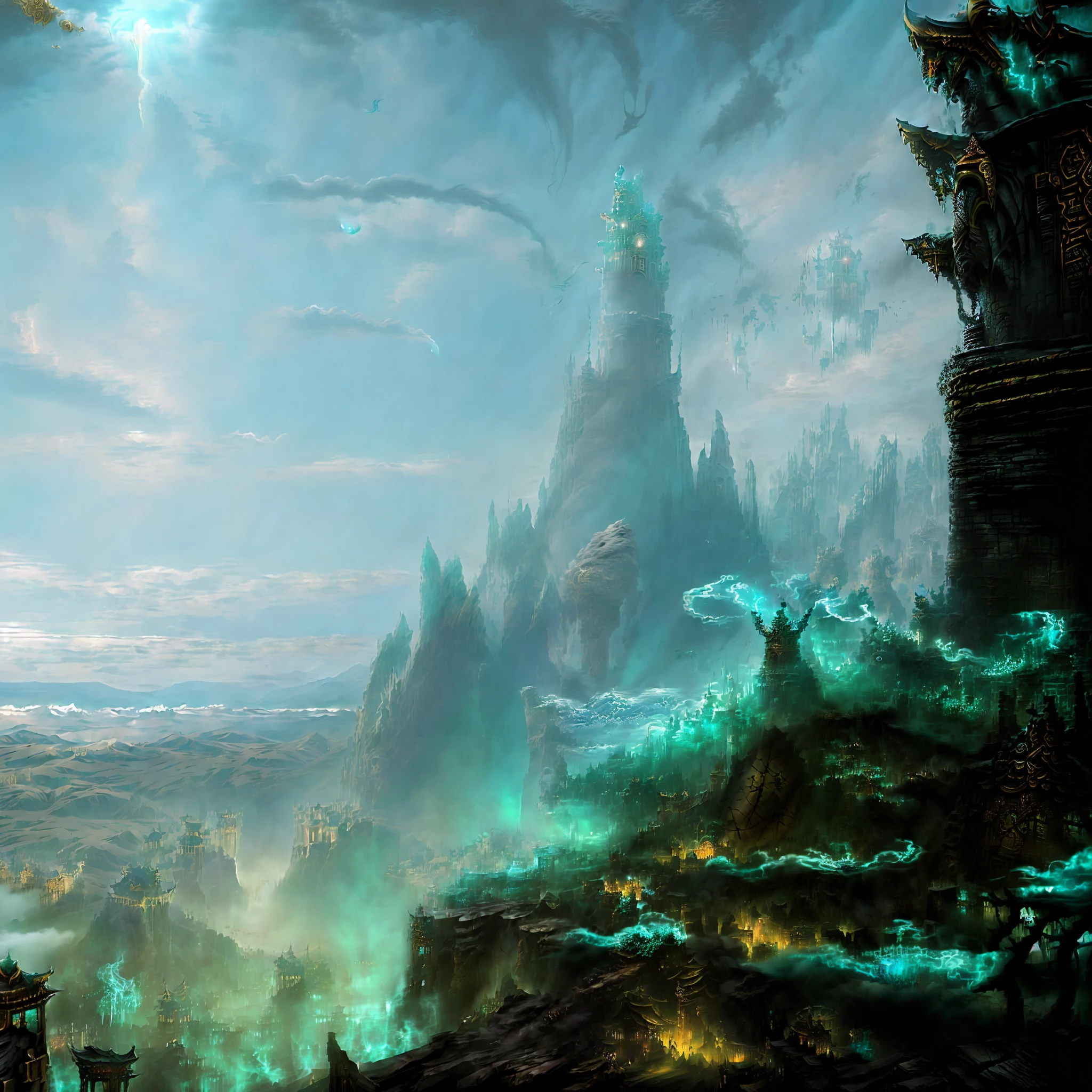 ((Shadow Isles)), ((Xian Xia, Xiu Xian World)), ((Best Image Quality)), ((Masterpiece)), ((Super Detailed)), ((Realism +1.5)), Ultra High Resolution, Highly Detailed, Epic Composition, Great Holy Sword, Holy Land, Sect Architecture, Mysticism, Mountain Top, Clouds, (Depth of Field), Landscape, Wide Angle, Sunny Day, Soft Light, Blue Sky and White Clouds