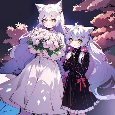 anime girl with long hair and big eyes holding a bouquet, white cat girl, beautiful anime catgirl, very beautiful anime cat girl...