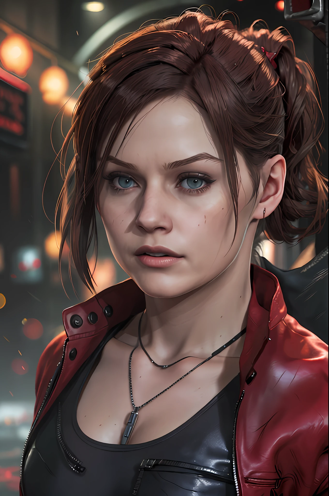 Claire Redfield (Resident Evil 2), junges Gesicht, beste Qualität, Meisterwerk, trage ein schwarzes Tanktop, leuchtend rote lange Ärmel Lederjacke im Freien, Pferdeschwanz Haargummi, dunkelbraune Haarfarbe, lange Haare, Brust, Dunkle Straßen im Hintergrund, Nacht, Dunkle Atmosphäre, Tiefenschärfe, weiches Gesicht, Detailliertes Gesicht, Hohe Auflösung:1.2,