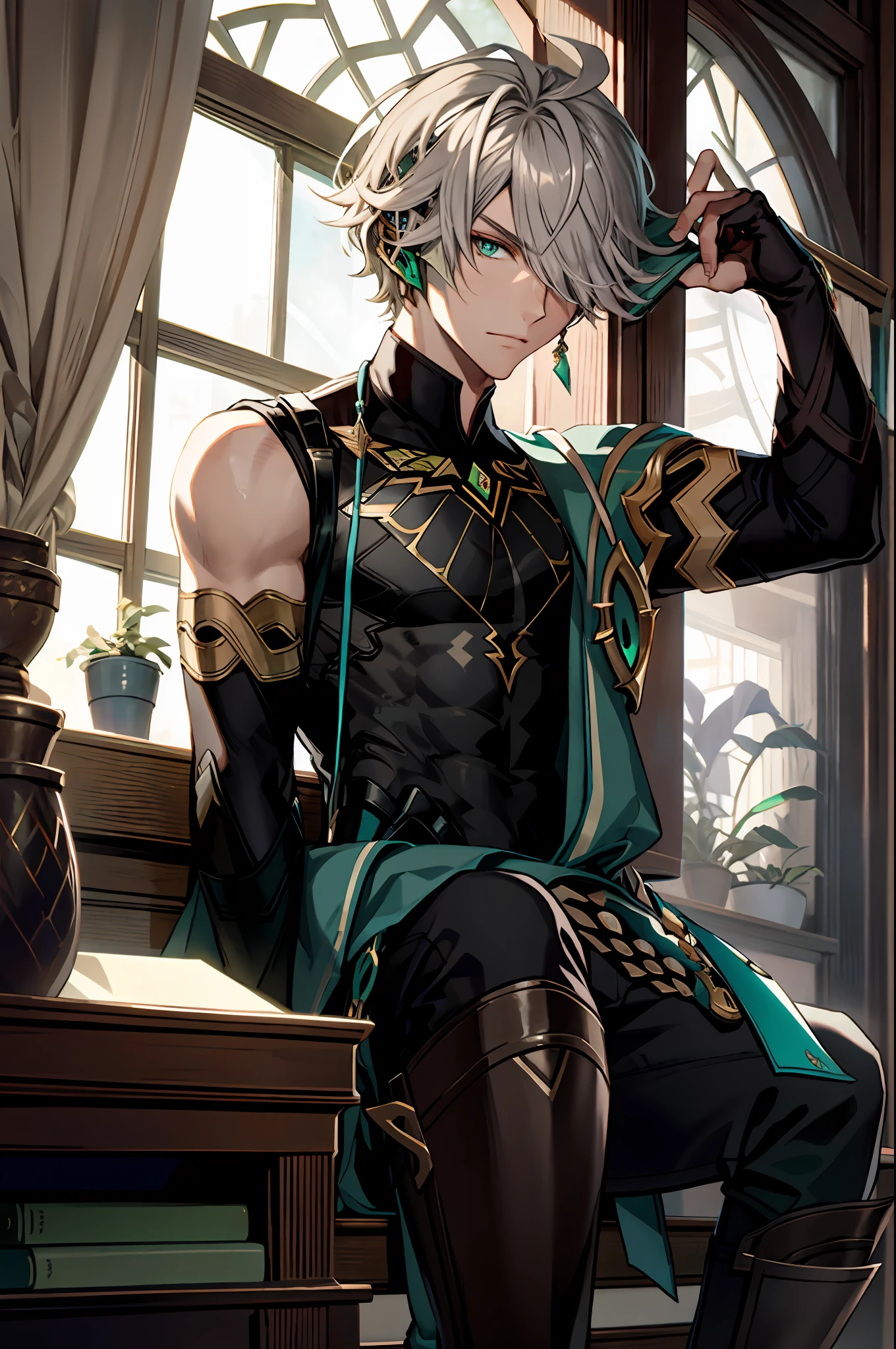 masterpiece, best quality,alhaitham\(genshin impact\), 1boy, male focus, window, book, shirt, solo, gloves, sleeveless shirt, sitting, grey hair, sleeveless, holding, ahoge, curtains, holding book, black shirt, open book, bangs, hair over one eye, black gloves, indoors, fingerless gloves, black pants, pants, swept bangs, boots, bare shoulders, short hair, elbow gloves,(kbxll:0.6), detailed, focus on face, accurate face, green eyes