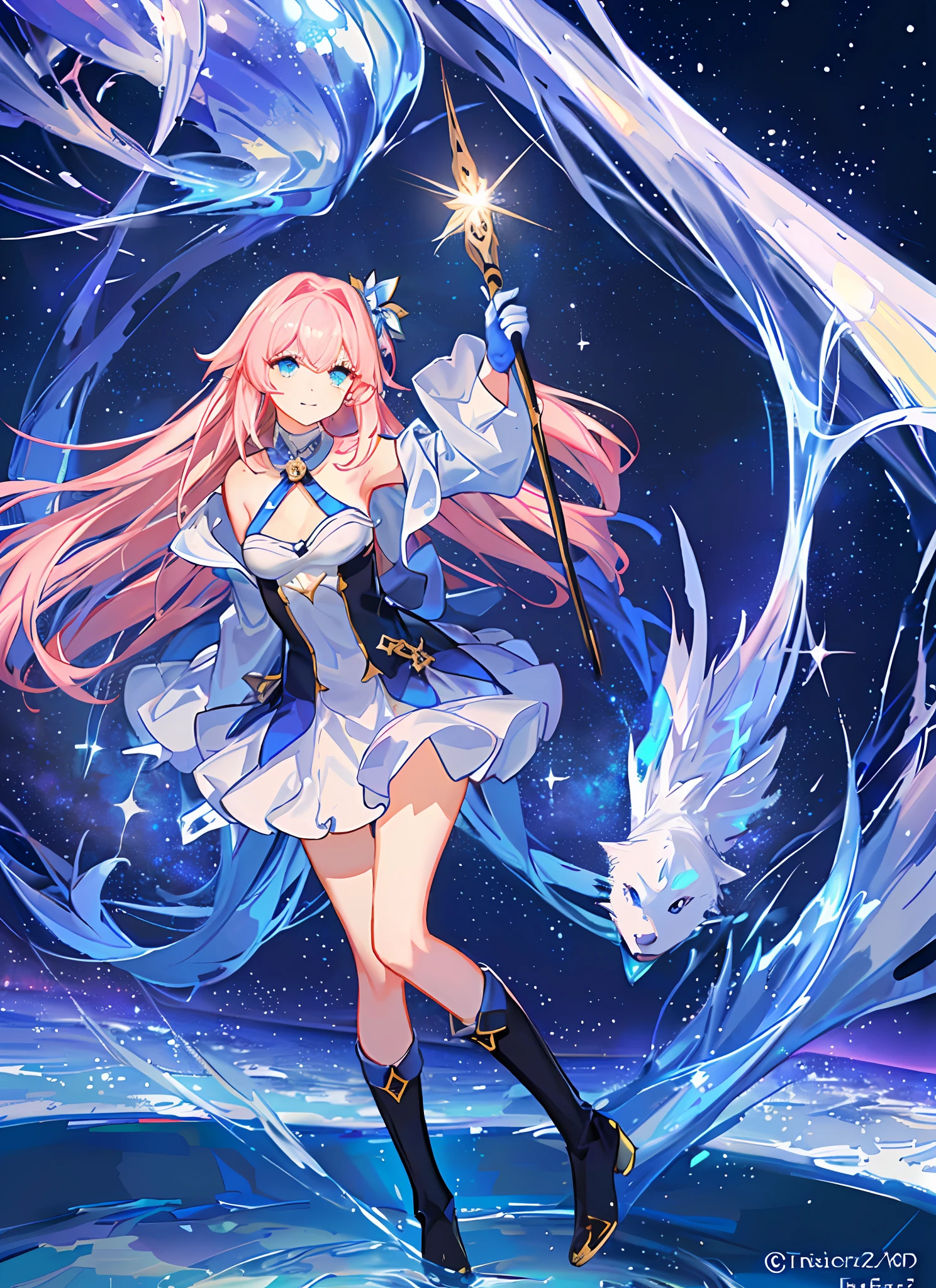 Magical Girl)), ((Gorgeous Starry Sky Background), ((Ultra Detailed)), (Best Illustration), ((Cinematic Lighting)), Dynamic Angle, Floating, Fine, (Glitter: 1.2), (Glow: 1.2), (Glow: 1.2), (Glow: 1.2), (Glow: 1.2), (Exquisite), (Illustration: 1.2), (Animation Style), (Solo), Pretty Detailed Emoji, (Cute Face: 1.3), (Big Eyes)), Color Hair, (Long Hair: 1.2), (Flowing Hair: 1.2), (Magical Girl Costume), Details, (Shiny Wand: 1.3), (Magic Effect: 1.3), (Flowing Dress: 1.2), (Cute Boots: 1.1), (Twinkle: 1.2), (Glow: 1.2), (Glow: 1.2) , (sparkle:1.2), (sparkle:1.2), (sparkle:1.2), (shimmer: 1.2)