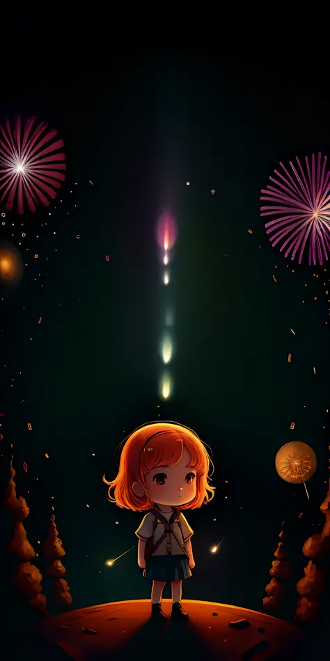 1girl,aerial fireworks, astronaut, aurora, milk way, festival,   chibi,  Fisheyes, masterpieces, top quality, best quality, official art, beautiful and aesthetic, animation, 8k raw,