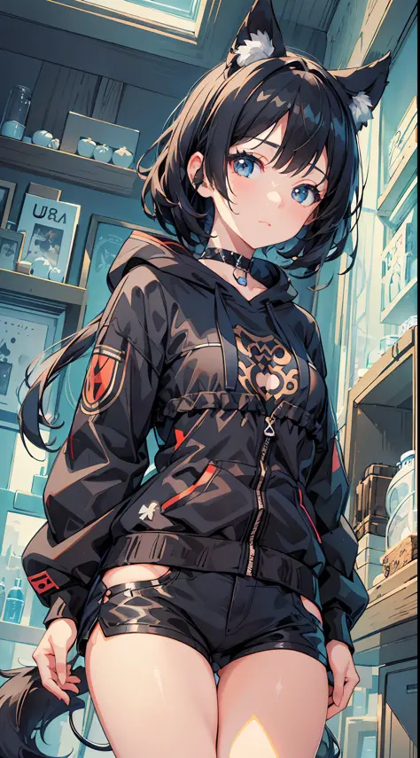 1 girl, (((ultra-detailed))), ((masterpiece)), ((illustration)), bust up, facing forward, petite woman, dark short hair, dark eyes, dark dog ears and tail, blank and emotionless face, lively body, hoodie and shorts, (futuristic modern)
