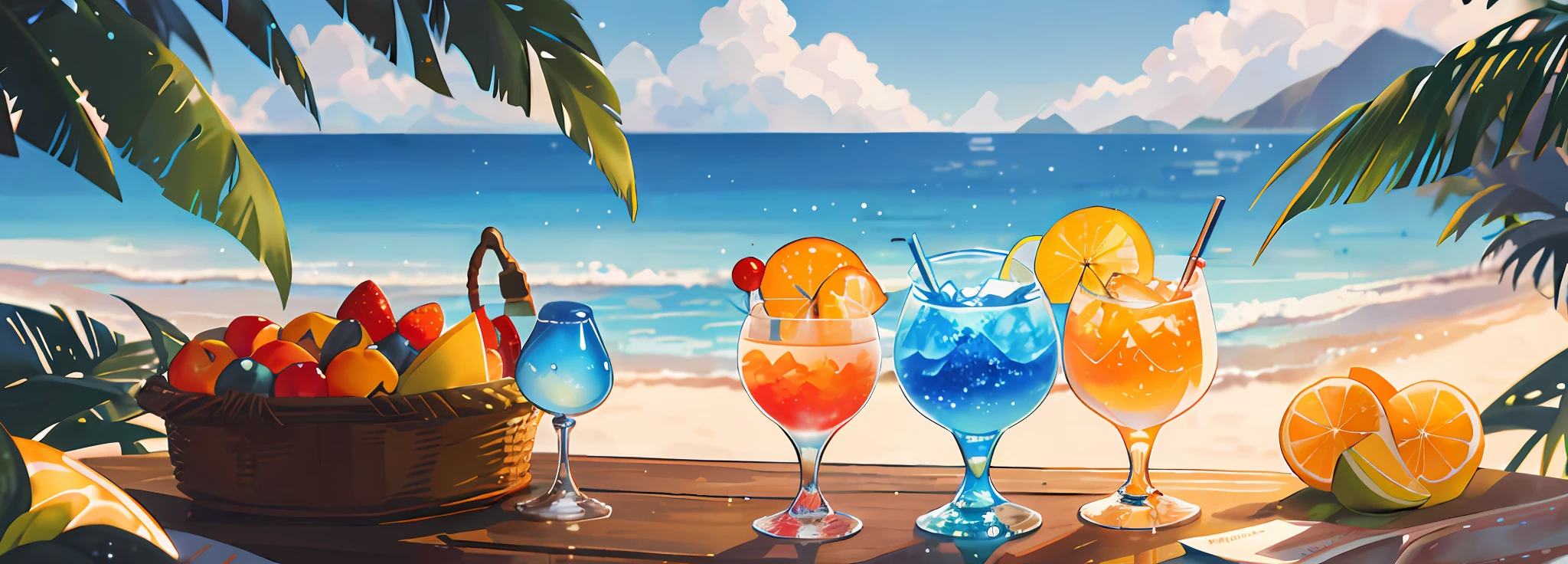 칵테일월드, 인간은 없어, 풍경, 여름, 하늘, 구름, 흐린 배경, 걸작, 최고의 품질, 하이퍼 디테일, 하이퍼 디테일, macro photography depicts 피크닉 장면s themed around 여름 tropical beach vacations. The protagonist of this photo is multiple cool glasses filled with 얼음wine. 렌즈는 안경에 초점을 맞춘다, 과일, 눈부신 한낮의 태양, 어안 렌즈, 먼 전망, 푸짐한 식사, (튀는 액체: 1.6), 얼음, (피크닉 장면: 0.5) (귀여운 디저트: 0.4), 똑똑. 와인이 가득 들어있어요, 반투명 액체, 주간 야외 조명 (해변 1.5), 열대 식물, 더운 날씨, HD 디테일, 젖은 워터마크, 하이퍼디테일, 영화 같은, 초현실주의, 부드러운 빛, 딥 필드 포커스 보케, 광선 추적, 퍼지다 (초미세 유리 반사), and 초현실주의.