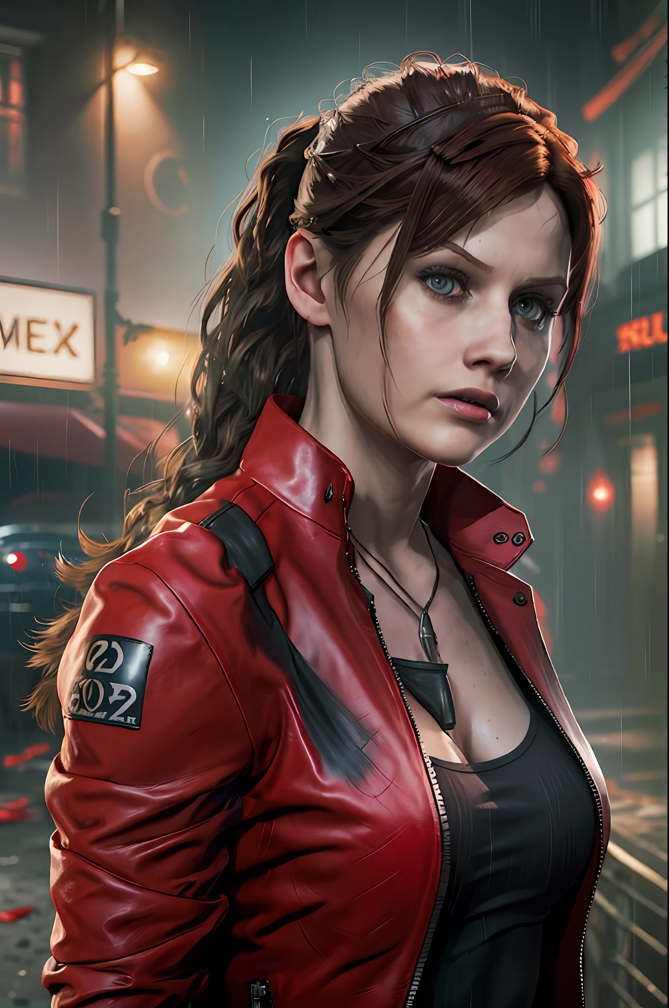 Claire Redfield (Résident mal 2), Jeune visage, Meilleure qualité, chef-d&#39;œuvre, Porter un débardeur noir à l’intérieur, veste en cuir à manches longues rouge vif à l’extérieur, élastique à cheveux queue de cheval, couleur de cheveux châtain foncé, cheveux longs, sein, rues sombres en arrière-plan, nuit, Ambiance sombre, profondeur de champ, visage doux, Visage détaillé, haute résolution:1.2,