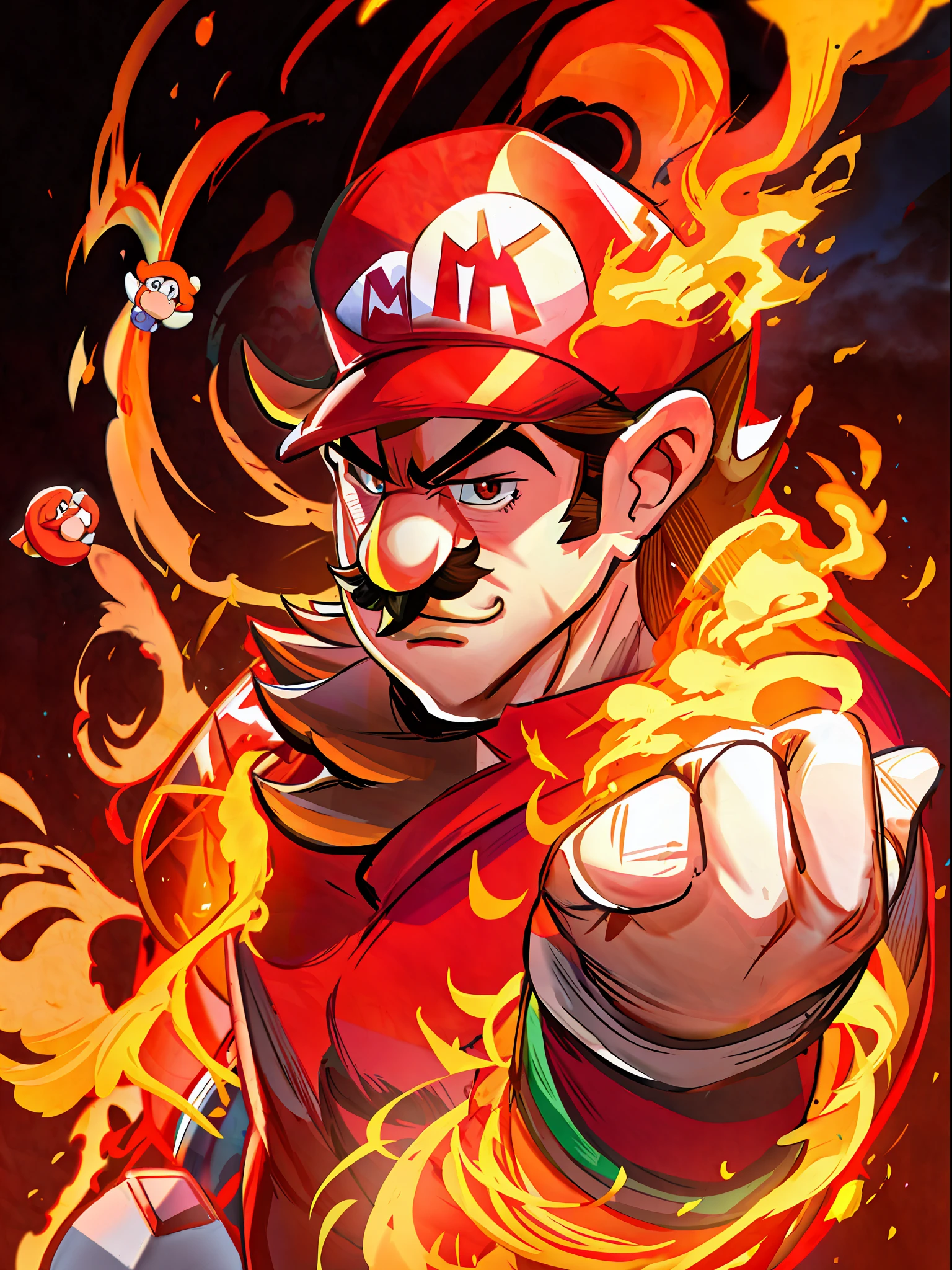 Mario Bros. fan art, serious face, Mario fan artwork, Nintendo game art, strongest, strongest, Mario, super mario portrait, Mario portrait, blazing inferro, super mario portrait, inspired by Mario Cooper, "Akihiko Yoshida", super mario, (fire), inspired by Mario Baldi, Inspired by Mario Dovsky, HD artwork