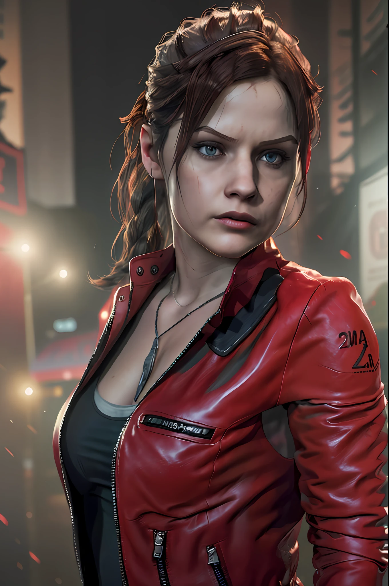 Claire Redfield (Resident Evil 2), cara joven, mejor calidad, obra maestra, vistiendo una camiseta negra por dentro, chaqueta de cuero de manga larga de color rojo brillante afuera, lazo para el pelo de cola de caballo, Color de cabello castaño oscuro, pelo largo, mama, calles oscuras al fondo, Noche, dark atmosphere, profundidad de campo, cara suave, cara detallada, Alta resolución:1.2,