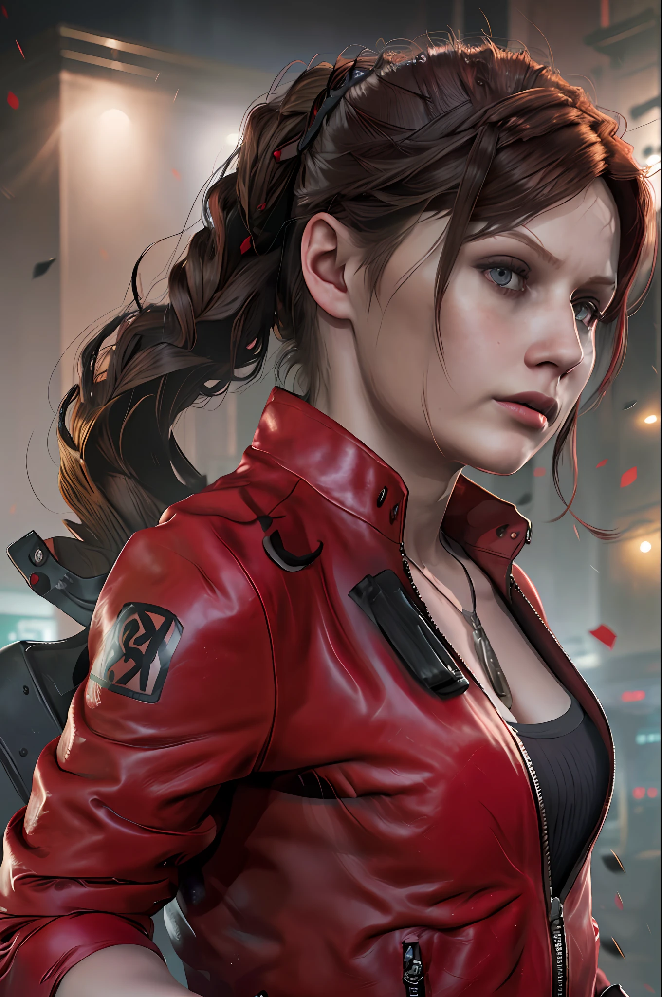 Claire redfield (Resident Evil 2), young face, best quality, masterpiece, wearing black tank top inside, bright red long sleeve leather jacket outside, pony tail hair tie, dark brown hair color, long hair, breast, dark streets in the background, night, dark atmosphere, depth of field, soft face, detailed face, high resolution:1.2,