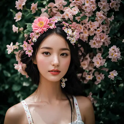 Beautiful woman with flowers and flower crown in hair, hair furae, (black hair: 1.5), (black eyes: 1.5), (Japan people: 1.0), fl...