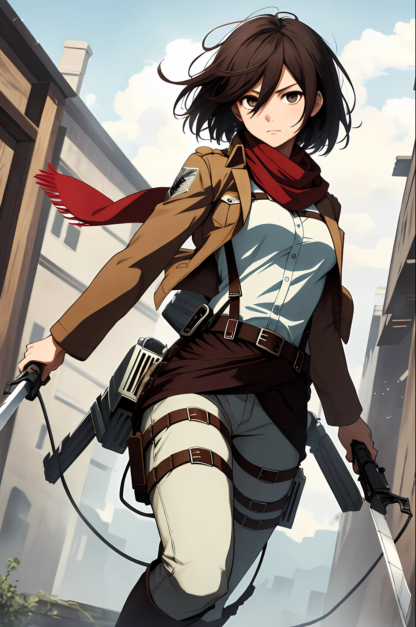 masterpiece, best quality, highres, hmmikasa, short hair, black eyes, scarf, emblem, belt, thigh strap, red scarf, white pants, brown jacket, long sleeves, holding weapon, sword, dual wielding, three-dimensional maneuver gear, fighting stance, sky, highest quality, high resolution.