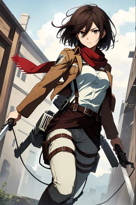 masterpiece, best quality, highres, hmmikasa, short hair, black eyes, scarf, emblem, belt, thigh strap, red scarf, white pants, brown jacket, long sleeves, holding weapon, sword, dual wielding, three-dimensional maneuver gear, fighting stance, sky, highest...