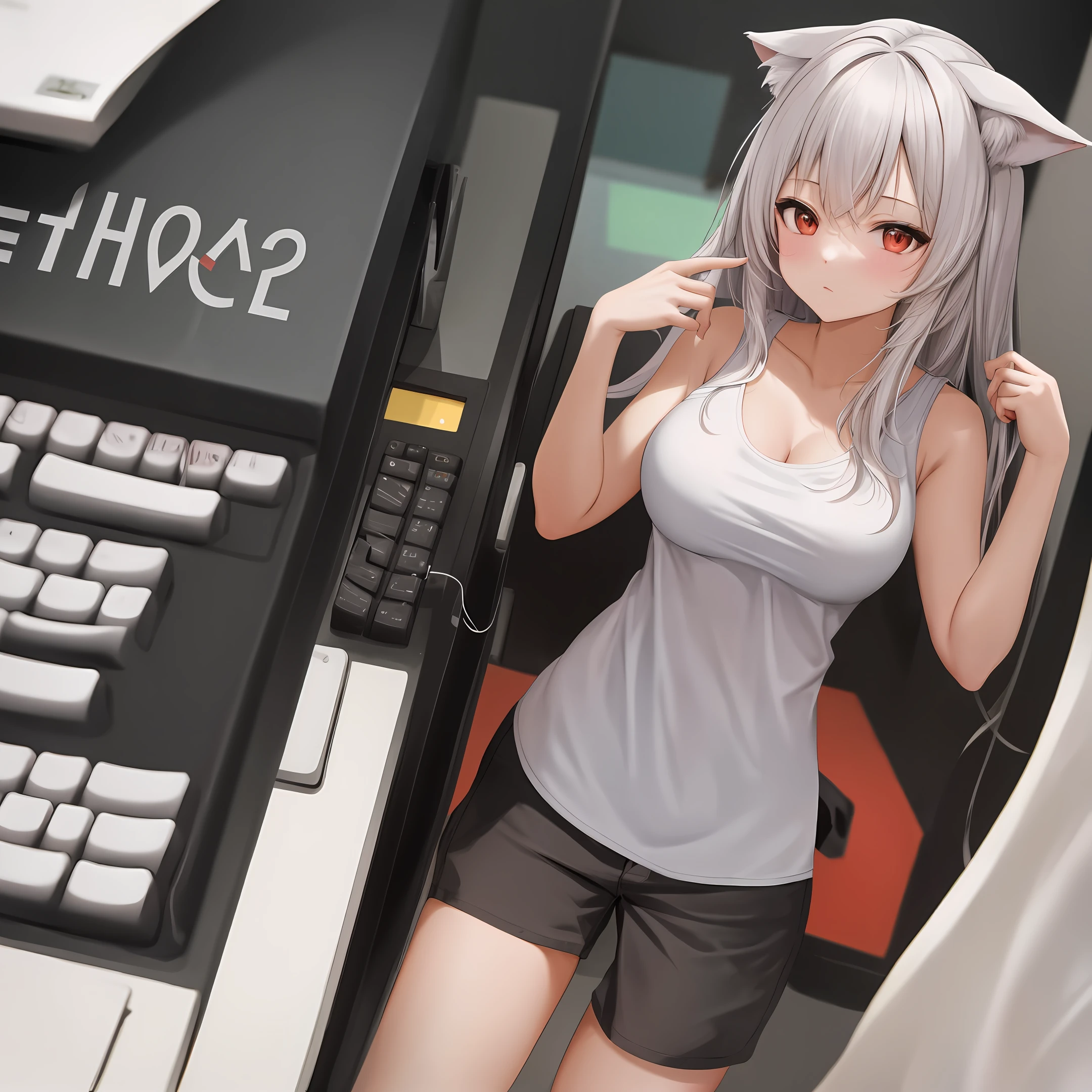 , anthro, mammal, female, solo, clothing, shirt, breasts, canid, hi res, white body, topwear, red eyes, white fur, fur, text, wolf, furniture, canine, text on clothing, text on shirt, text on topwear, clothed, tank top, absurd res, computer, english text, keyboard, looking at viewer