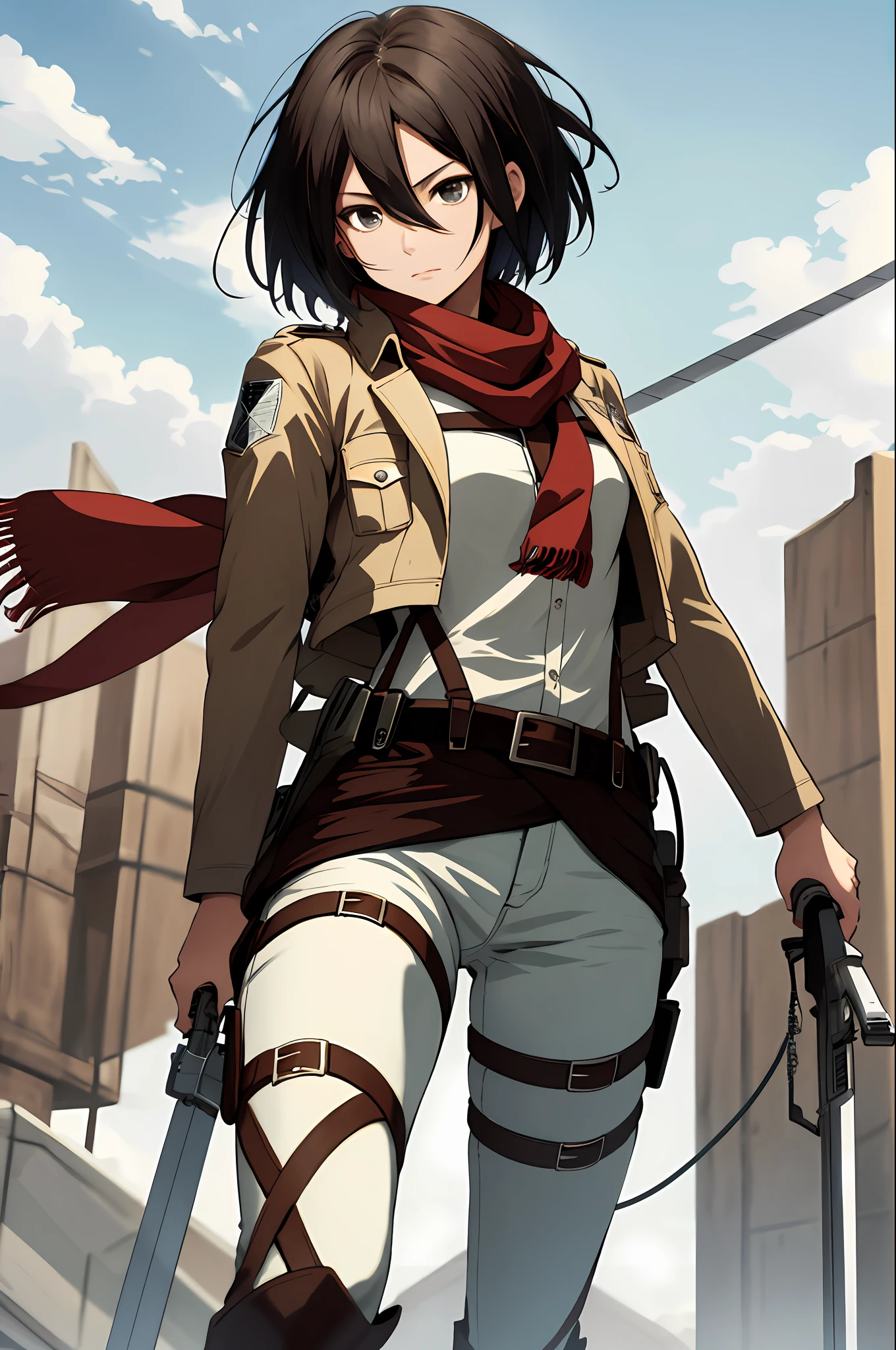 Mikasa, Meisterwerk, beste Qualität, highres, kurzes Haar, schwarze Augen, Schal, Emblem, belt, Oberschenkelgurt, red Schal, weiße Hosen, braune Jacke, lange Ärmel, Waffe halten, Schwert, beidhändiges Führen, dreidimensionales Manövergetriebe, Arme ausbreiten, Auf einem Bein stehen, Weitwinkelaufnahme, Himmel, höchste Qualität, hohe Auflösung.