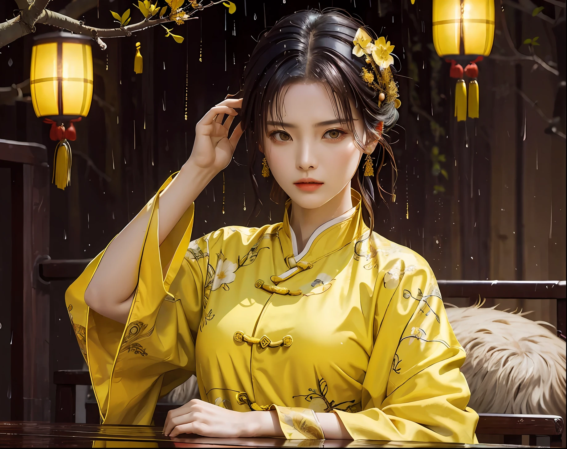 Masterpiece, Excellent, Night, Outdoor, Rainy Day, Branches, Chinese Style, Ancient China, 1 Woman, Mature Woman, Yellow Clothes, Cold, Serious, Weak, Bangs, Assassin,