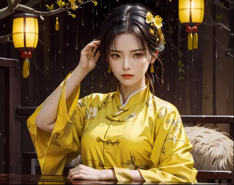 Masterpiece, Excellent, Night, Outdoor, Rainy Day, Branches, Chinese Style, Ancient China, 1 Woman, Mature Woman, Yellow Clothes...
