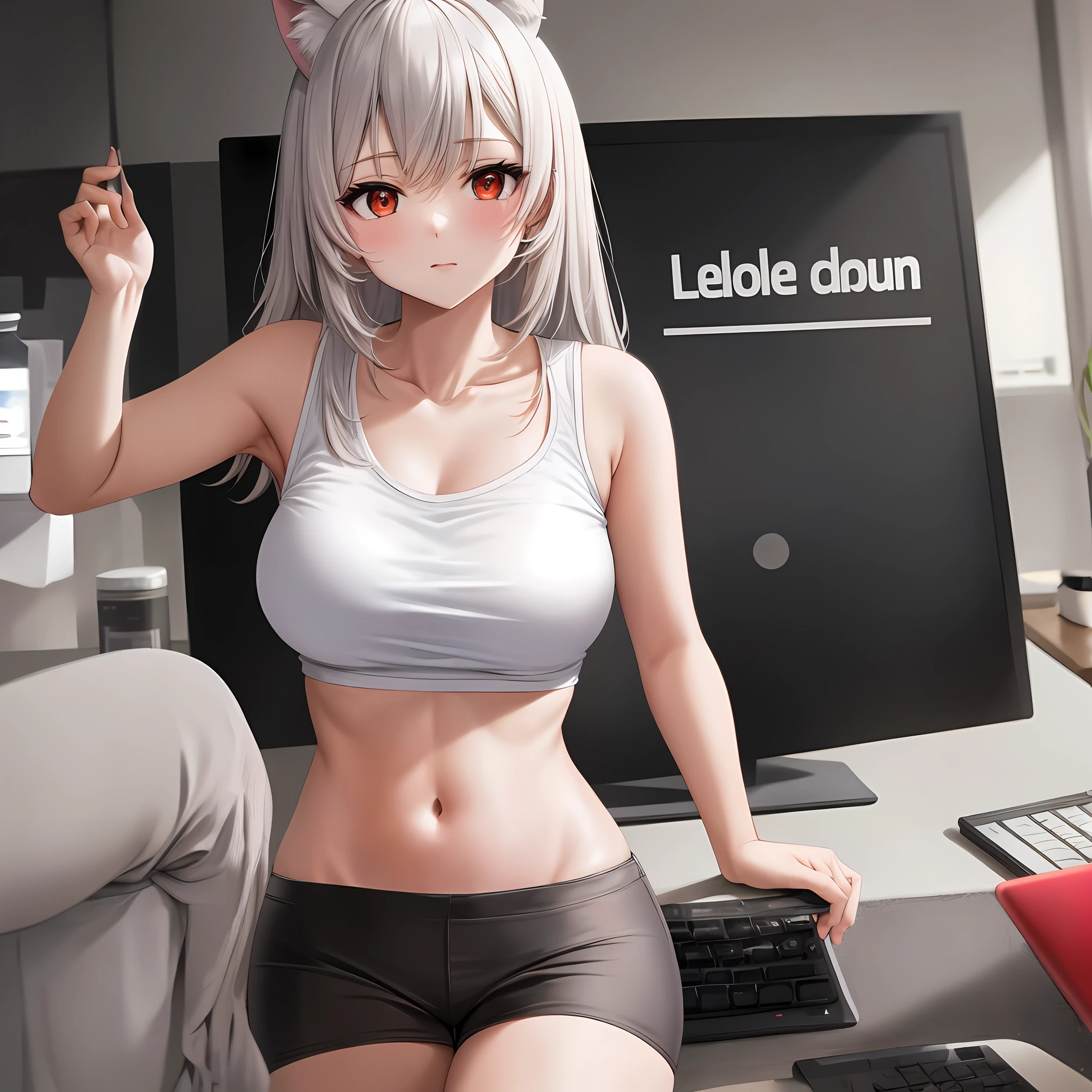 , anthro, mammal, female, solo, clothing, shirt, breasts, canid, hi res, white body, topwear, red eyes, white fur, fur, text, wolf, furniture, canine, text on clothing, text on shirt, text on topwear, clothed, tank top, absurd res, computer, english text, keyboard, looking at viewer