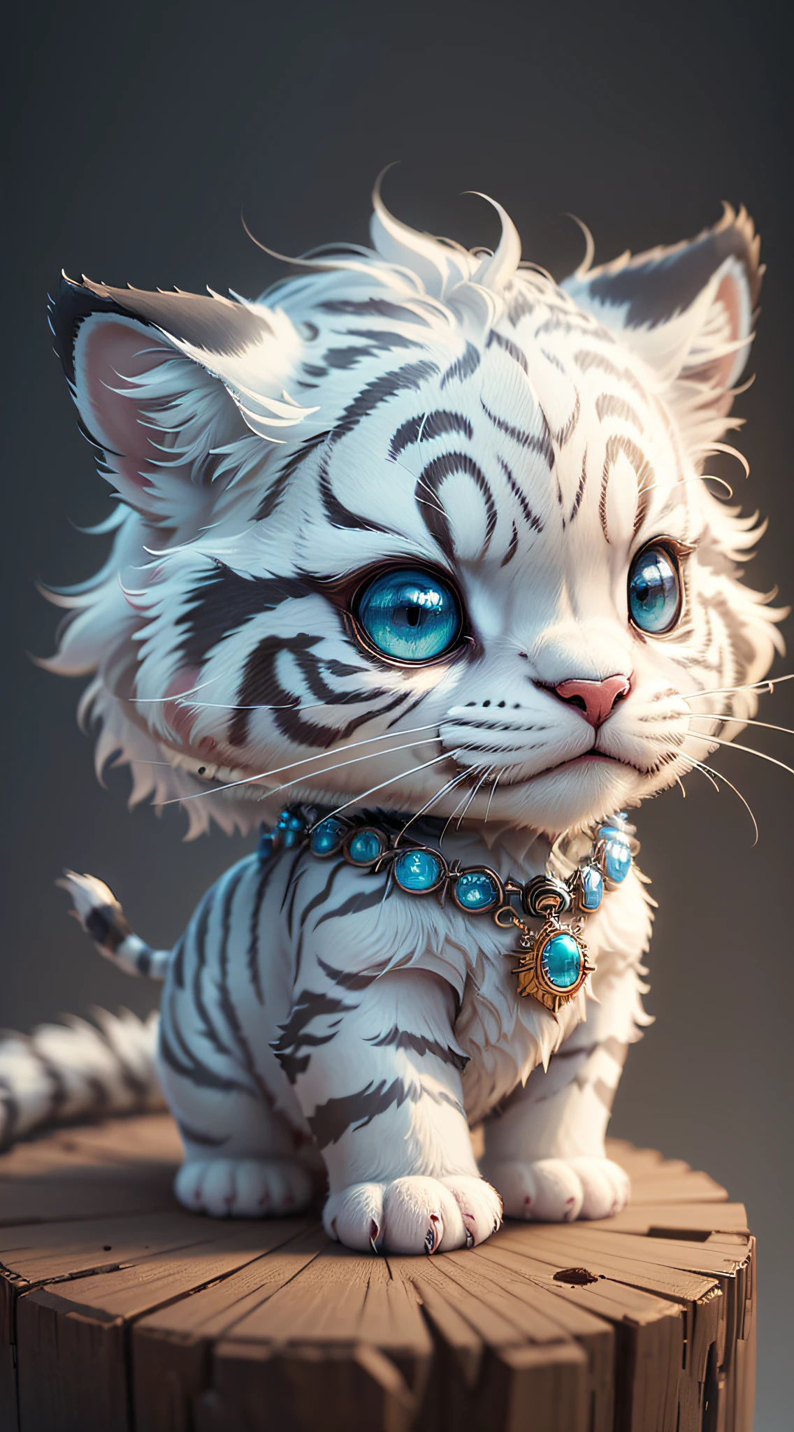 cute tiny  hyperrealistic white tiger with different color eyes waring a necklace, Chibi, adorable and fluffy, logo design, cartoon, cinematic lighting effect, charming, 3D vector art, cute and quirky, fantasy art, bokeh, hand-drawn, digital painting, soft lighting, isometric style, 4K resolution, photorealistic rendering, highly detailed clean, vector image, photorealistic masterpiece, professional photography, simple space backdrop, flat white background, isometric, vibrant vector