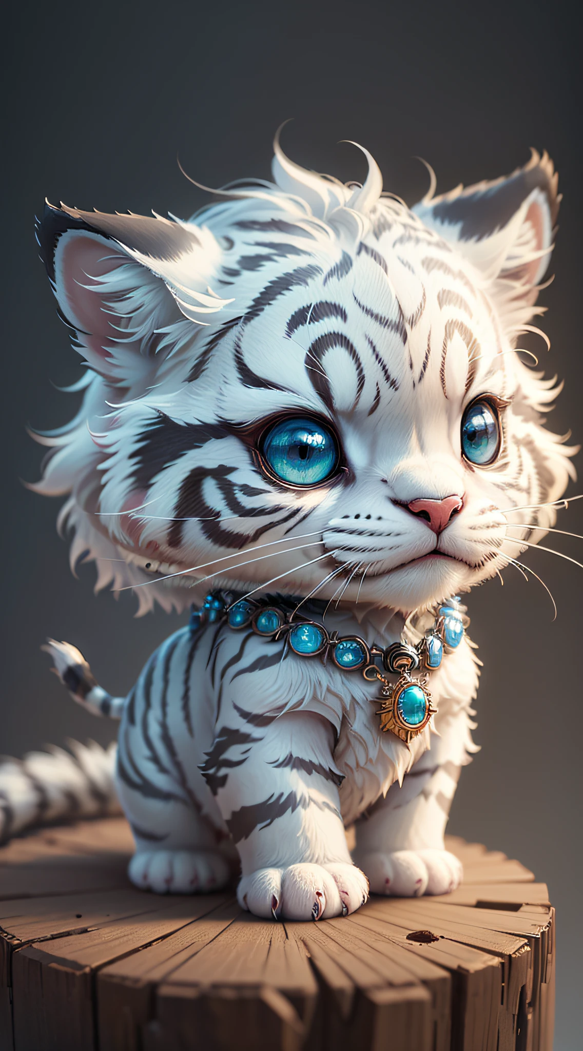 lindo pequeno tigre branco hiperrealista com olhos de cores diferentes protegendo um colar, chibi, adorável e fofo, logo design, desenho animado, efeito de iluminação cinematográfica, encantador, arte 3D vetor, Bonito e peculiar, arte de fantasia, bokeh, desenhado à mão, pintura digital, iluminação suave, isométrico style, Resolução 4k, Renderização fotorrealista, limpeza altamente detalhada, imagem vetorial, obra-prima fotorrealista, Fotografia profissional, cenário de espaço simples, Fundo branco liso, isométrico, vetor vibrante