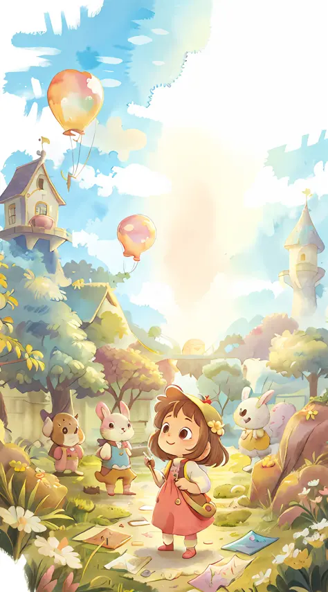 Fresh colors Watercolor children's painting Little girl Happy Balloon Castle Cloud Cute rabbit