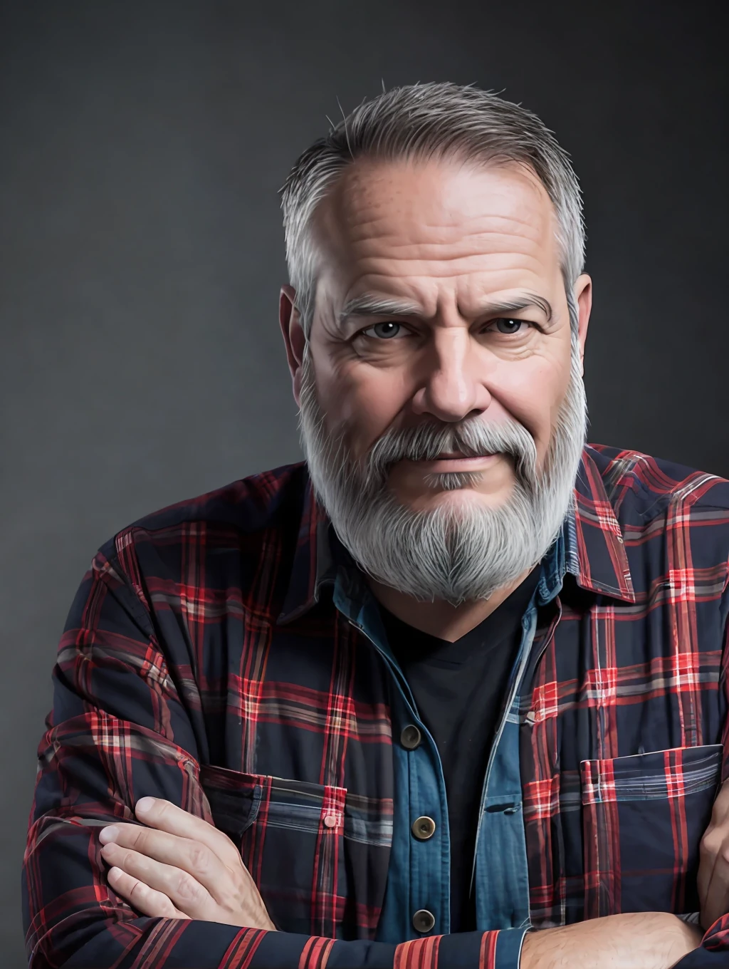 Portrait of a middle-aged man, face skin detalados, wrinkles of expressionbeard gray lumberjack style, raw leather jacket, plaid shirt, stiff countenance. Ultra detailed scene, dslr camera with 50mm Lens, soft studio lighting