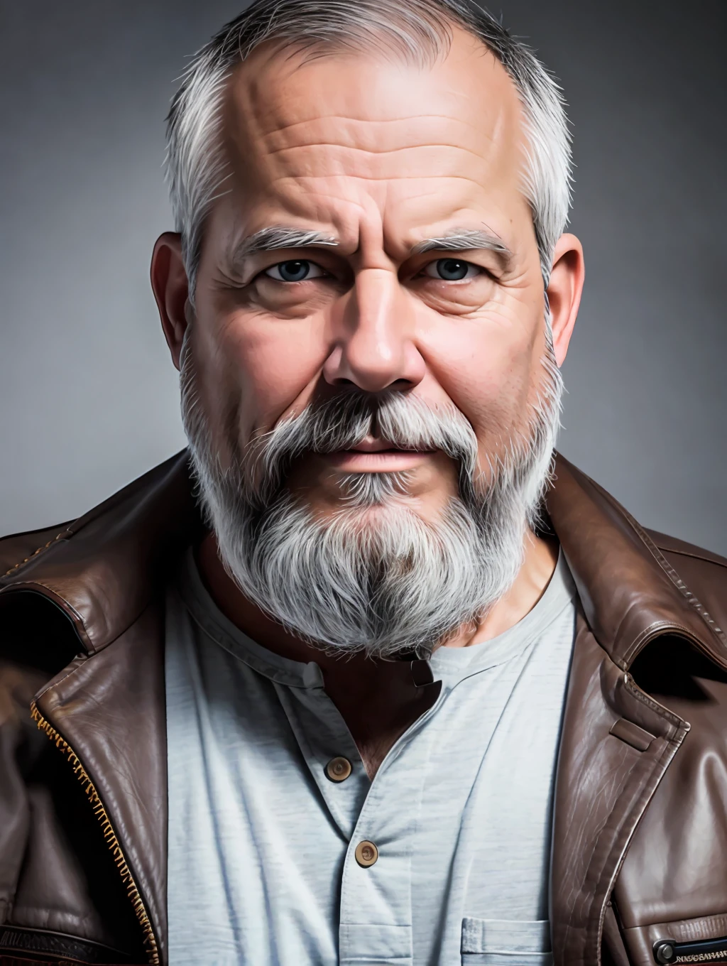 Portrait of a middle-aged man, detailed skin face, expression wrinkles, lumberjack style gray beard, raw beige leather jacket, white T-shirt without print, stiff countenance. Ultra detailed scene, dslr camera with 50mm Lens, soft studio lighting