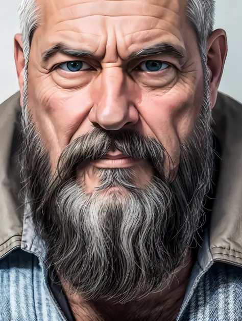 Portrait of a middle-aged man, detailed skin face, expression wrinkles, lumberjack style gray beard, raw beige leather jacket, white T-shirt without print, stiff countenance. Ultra detailed scene, dslr camera with 50mm Lens, soft studio lighting