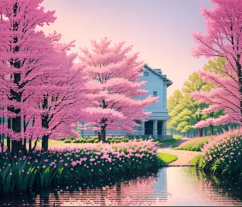 ((best quality)), ((masterpiece)), (detailed), ascii_art, outside landscape of spring season, pink theme, ultra detailed, highly...