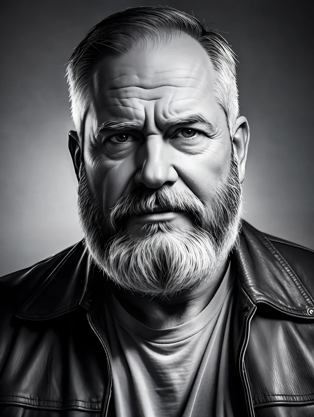 B&w portrait of a middle-aged man, detailed skin face, expression wrinkles, lumberjack style gray beard, raw beige leather jacket, white T-shirt without print, stiff countenance. Ultra detailed scene, dslr camera with 50mm Lens, soft studio lighting, ((vignette))