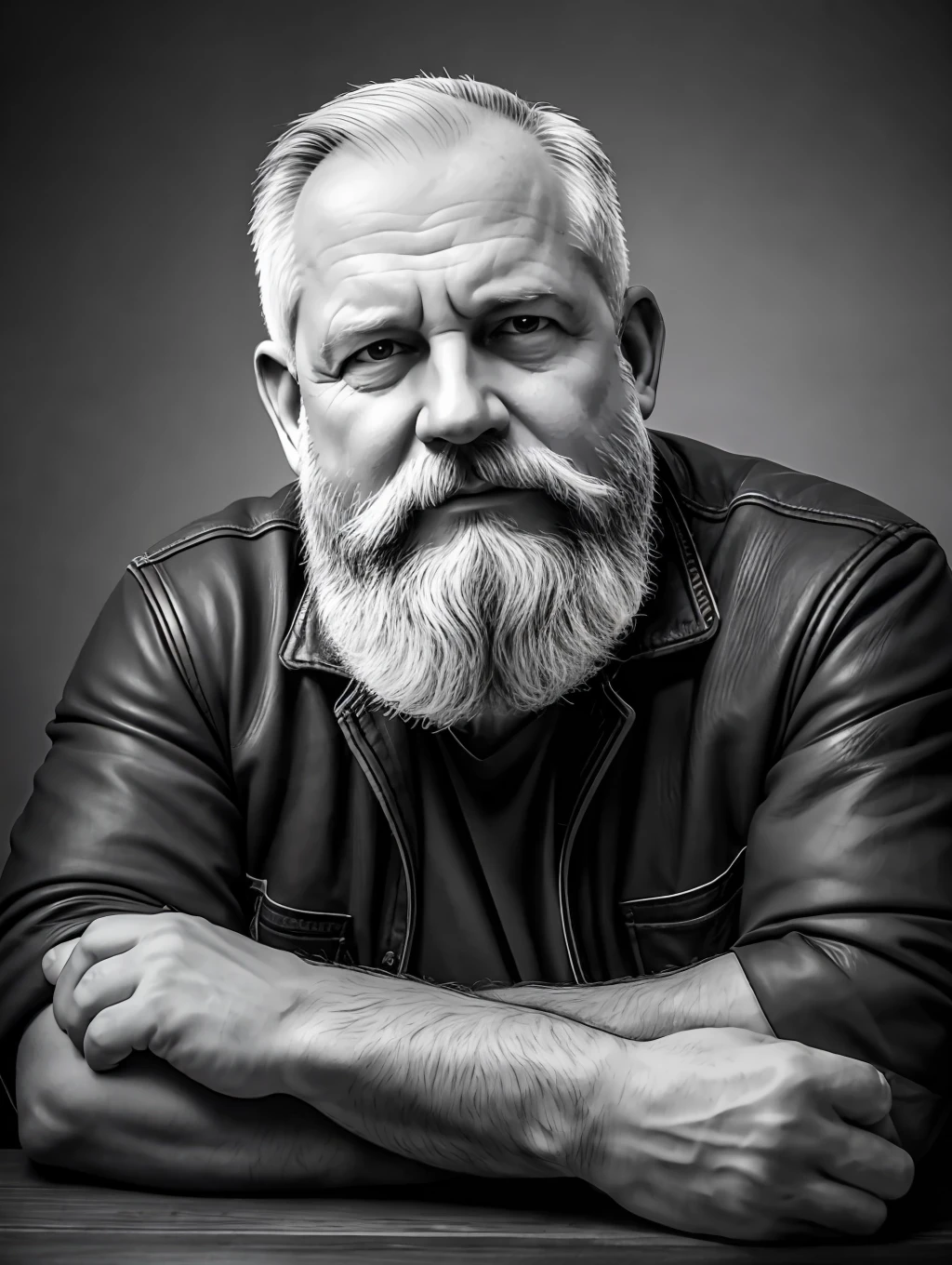 B&w portrait of a middle-aged man, detailed skin face, expression wrinkles, lumberjack style gray beard, raw beige leather jacket, white T-shirt without print, stiff countenance. Ultra detailed scene, dslr camera with 50mm Lens, soft studio lighting, ((vignette))