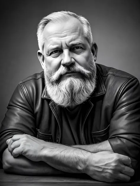 B&w portrait of a middle-aged man, detailed skin face, expression wrinkles, lumberjack style gray beard, raw beige leather jacke...