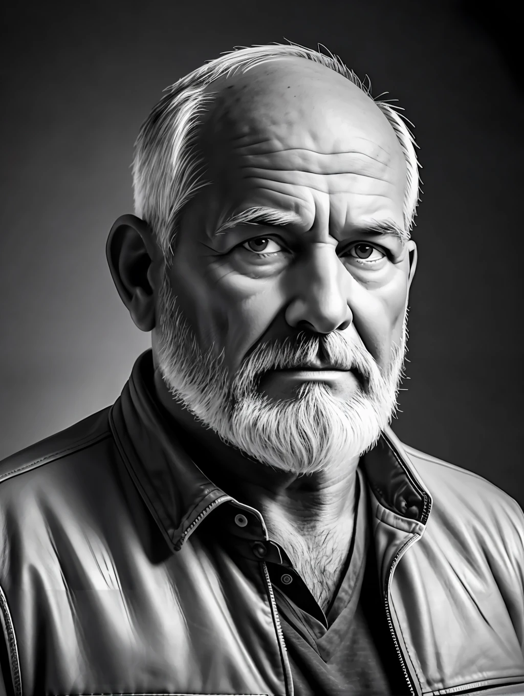 B&w portrait of a middle-aged man, detailed skin face, expression wrinkles, lumberjack style gray beard, raw beige leather jacket, white T-shirt without print, stiff countenance. Ultra detailed scene, dslr camera with 50mm Lens, soft studio lighting, ((vignette))