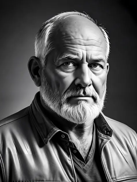 B&w portrait of a middle-aged man, detailed skin face, expression wrinkles, lumberjack style gray beard, raw beige leather jacke...