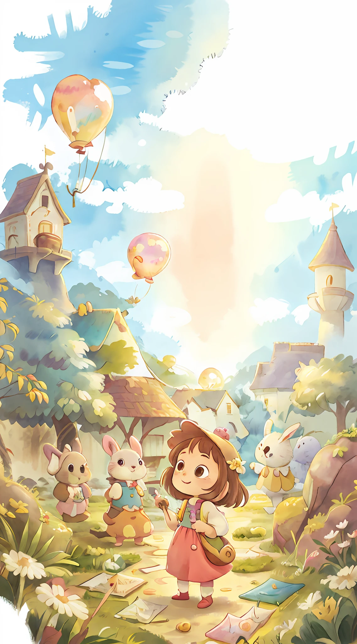 Свежие цвета Акварельная детская картина Счастливый Воздушный Шар Замок Облако Милый кролик