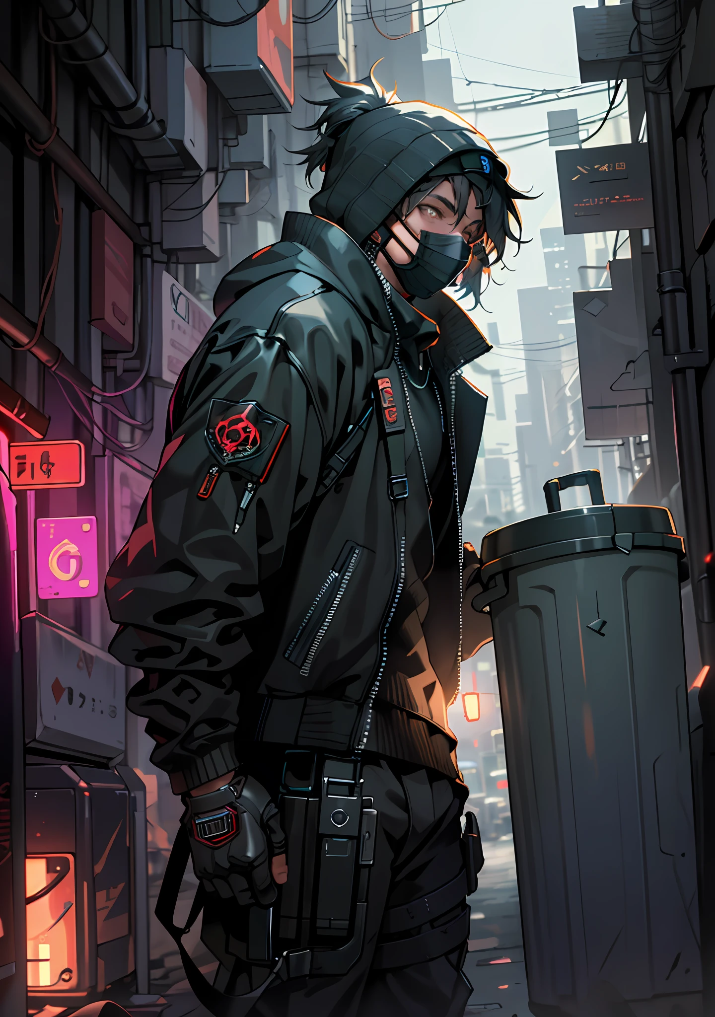 ultra detail, high resolution, ultra detailed, best quality, amazing, top quality, extremely detailed CG unity 8k wallpaper, cinematic lighting, cyberpunk, dark boy, trash gang facemask